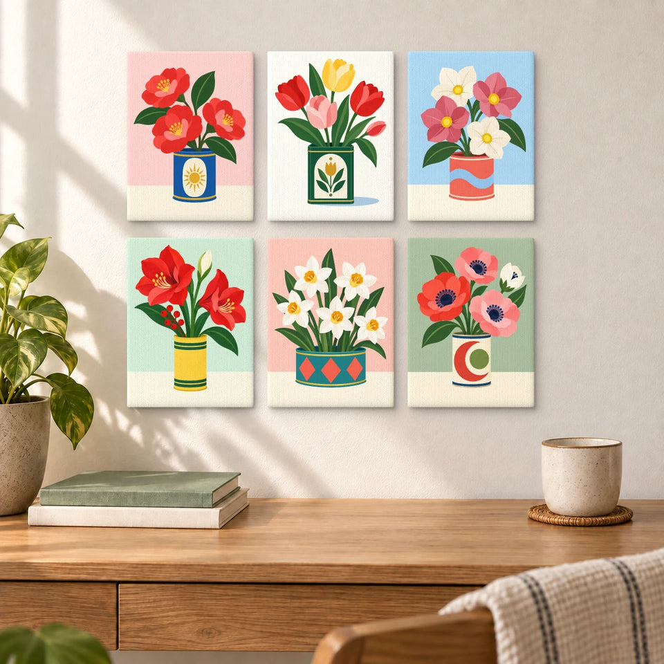 Winter Flowers in Tins — six completed mini paintings displayed above a desk.