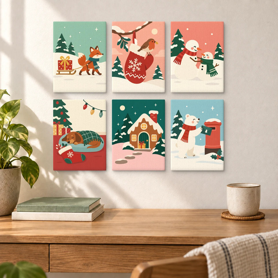 Little Christmas Moments — six completed mini paintings displayed above a desk.