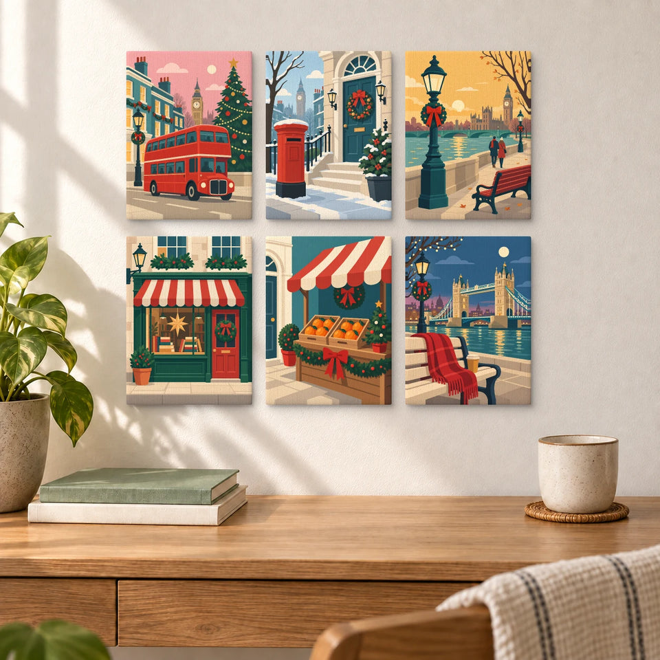 London Holiday Stroll — six completed mini paintings displayed above a desk.