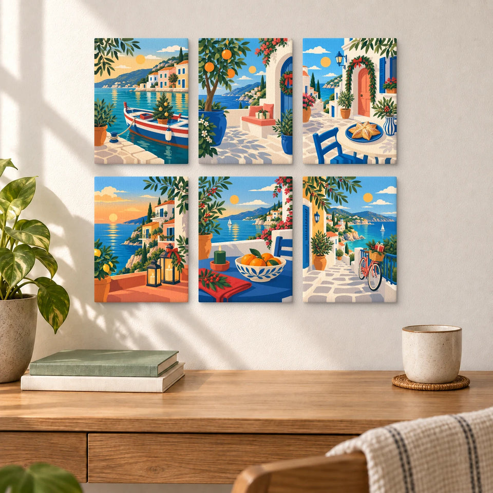 Mediterranean Winter Sun — six completed mini paintings displayed above a desk.