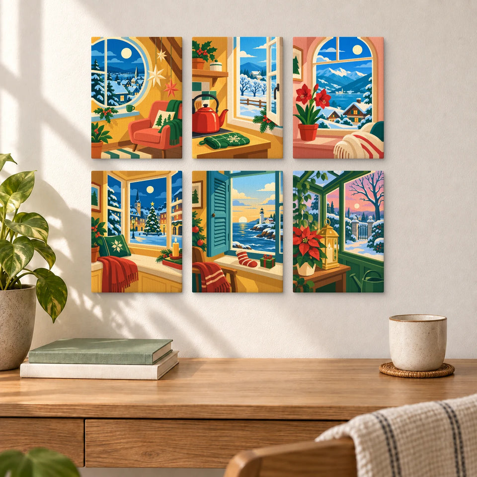 Windows into Christmas — six completed mini paintings displayed above a desk.