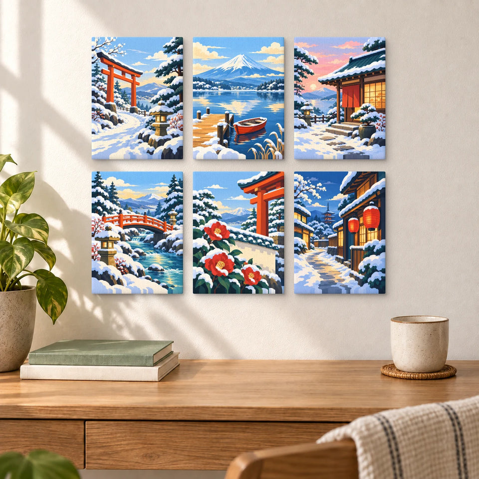 Japan in Winter — six completed mini paintings displayed above a desk.
