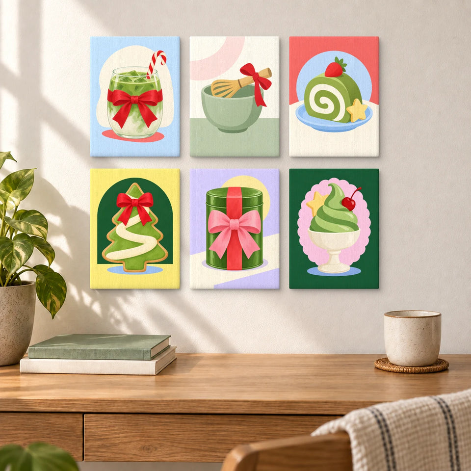 Merry Matcha Club — six completed mini paintings displayed above a desk.