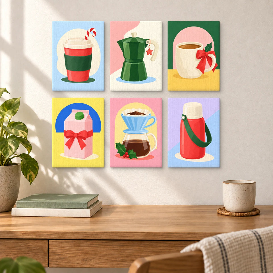 Peppermint Coffee Run — six completed mini paintings displayed above a desk.