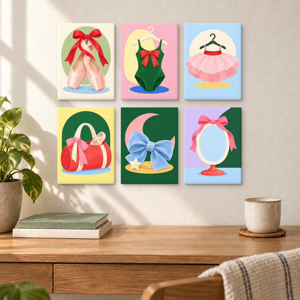 Christmas Ballet Club — six completed mini paintings displayed above a desk.