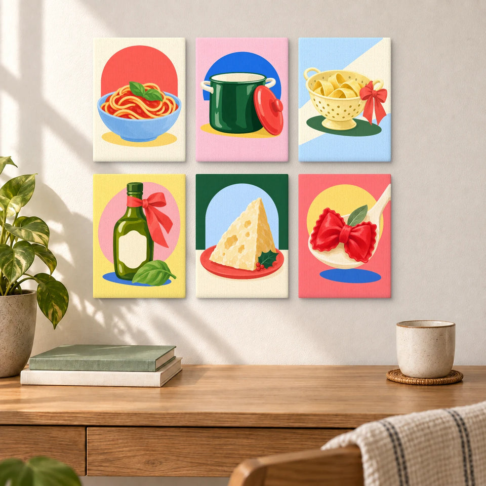 Holiday Pasta Party — six completed mini paintings displayed above a desk.