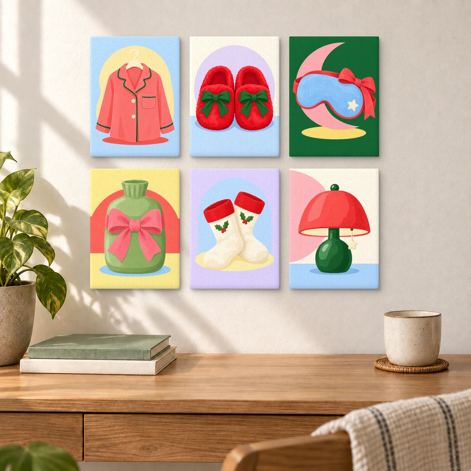 Christmas Pajama Club — six completed mini paintings displayed above a desk.