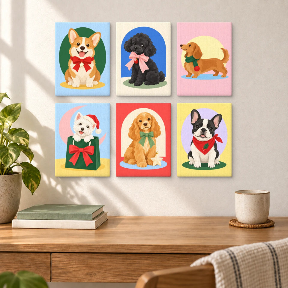 Christmas Puppy Parade — six completed mini paintings displayed above a desk.