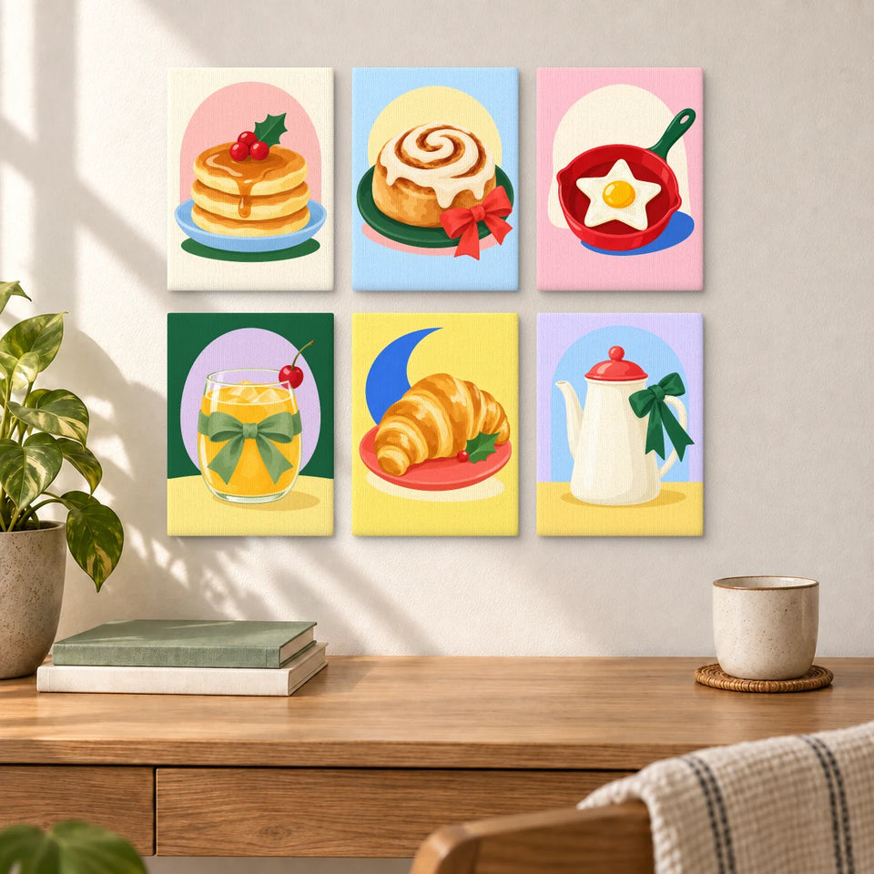 Christmas Brunch Club — six completed mini paintings displayed above a desk.