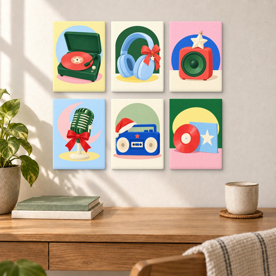 Christmas Vinyl Night — six completed mini paintings displayed above a desk.