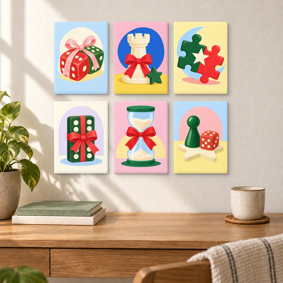 Christmas Game Night — six completed mini paintings displayed above a desk.