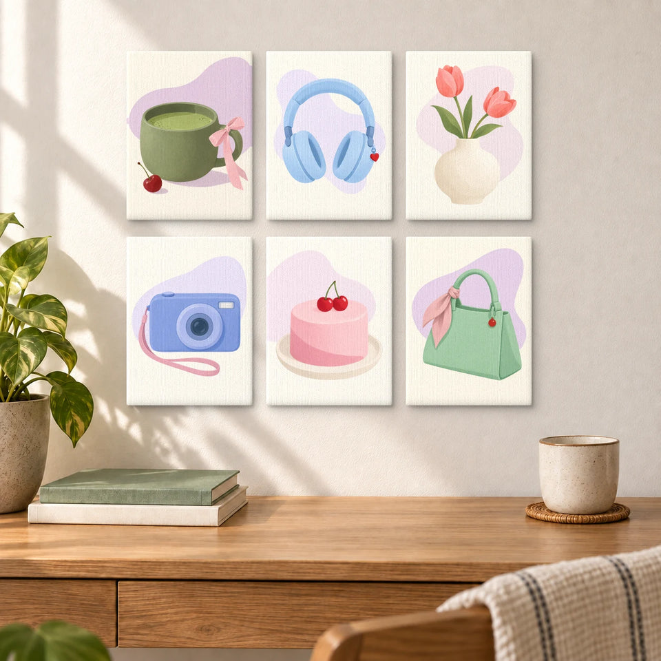 Soft Little Joys — six completed mini paintings displayed above a desk.