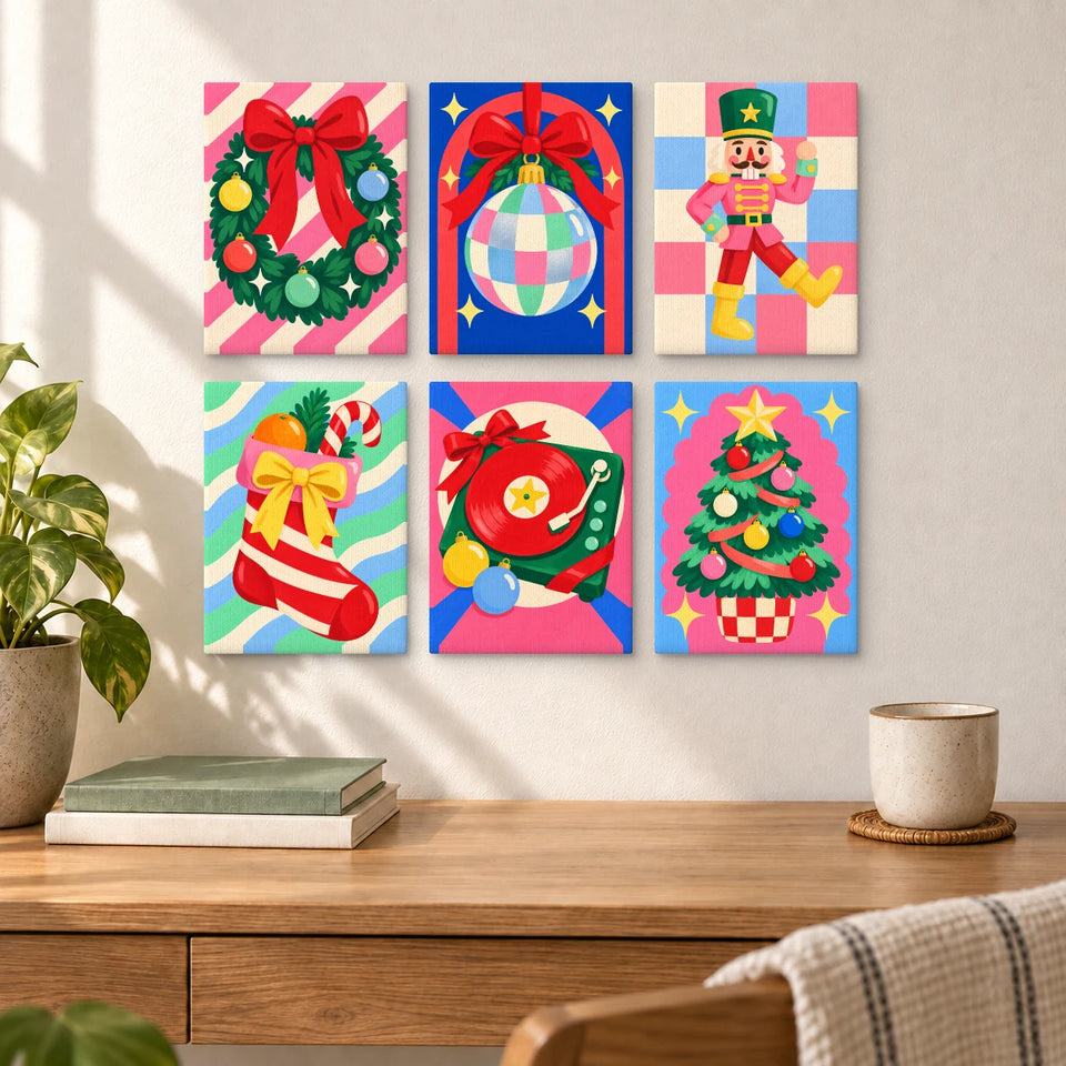 Christmas Disco Club — six completed mini paintings displayed above a desk.