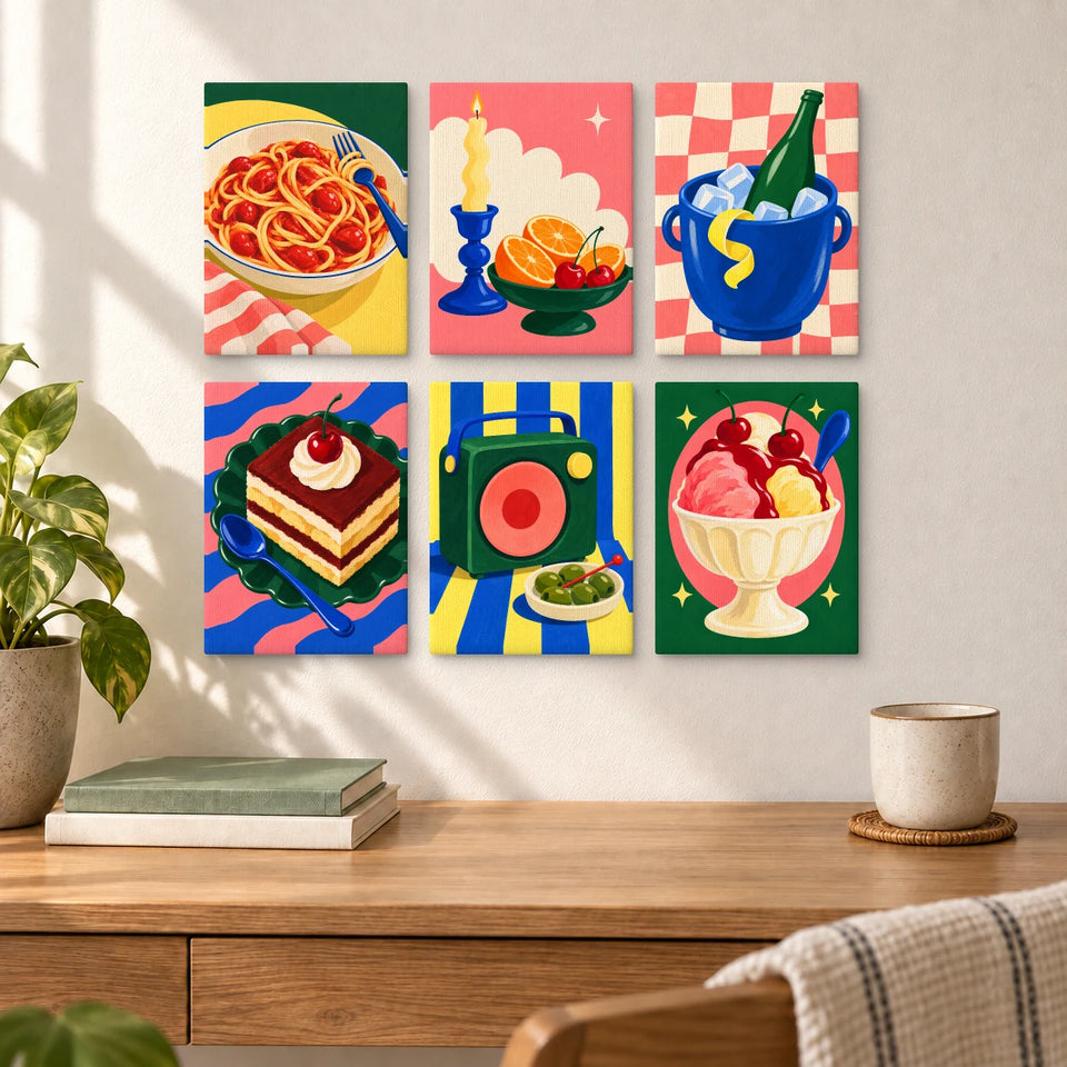 After-Dark Supper Club — six completed mini paintings displayed above a desk.