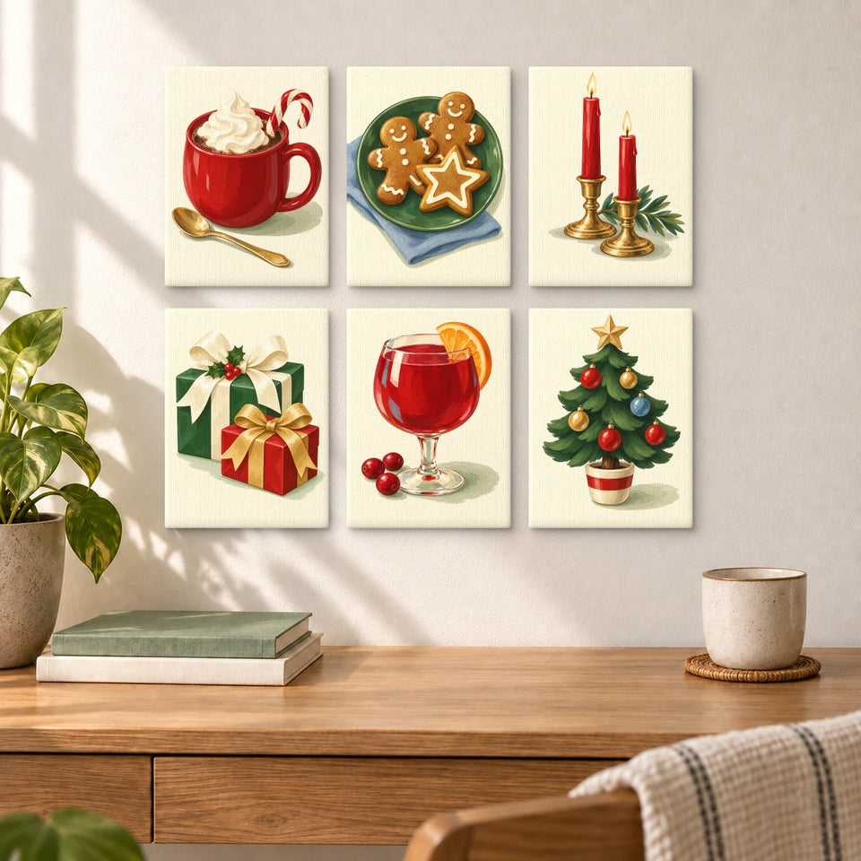 Friendsmas Table — six completed mini paintings displayed above a desk.