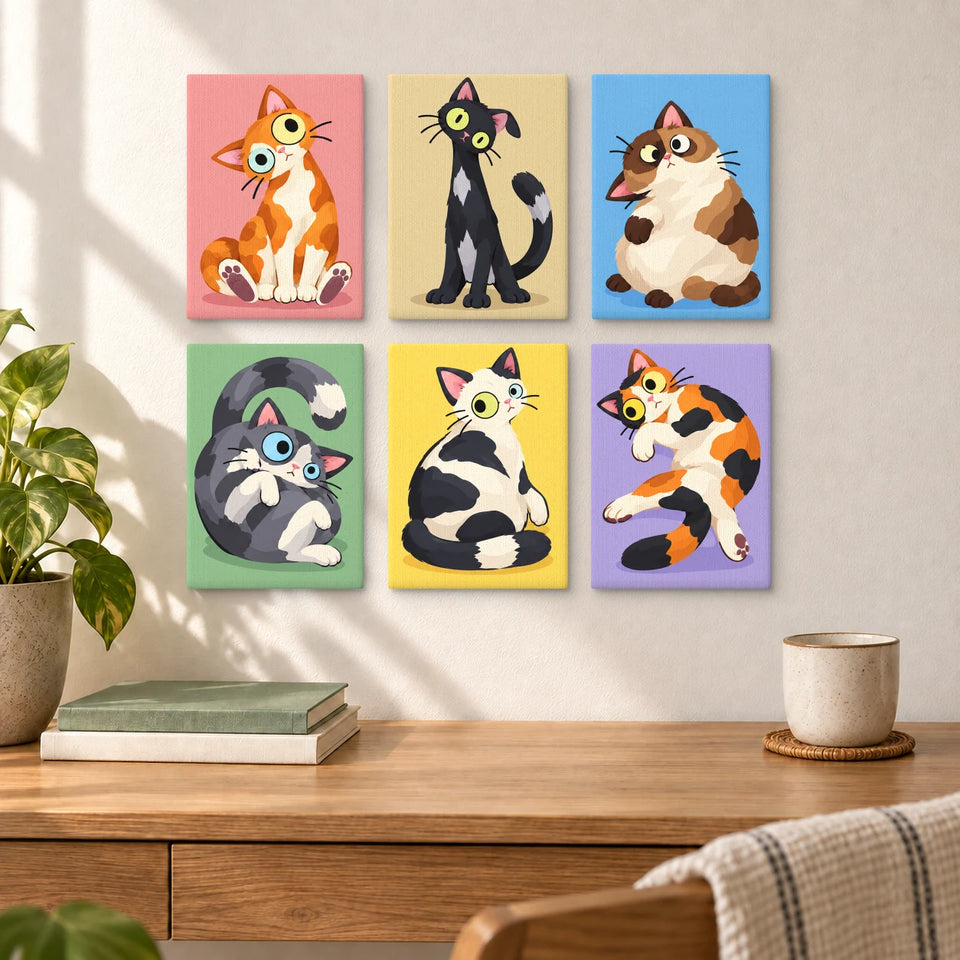 Quirky Cat Club - six completed mini paintings displayed on a wall, styled display mockup