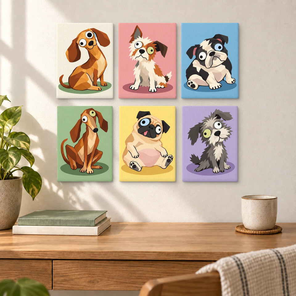 Goofy Dog Club - six completed mini paintings displayed on a wall, styled display mockup
