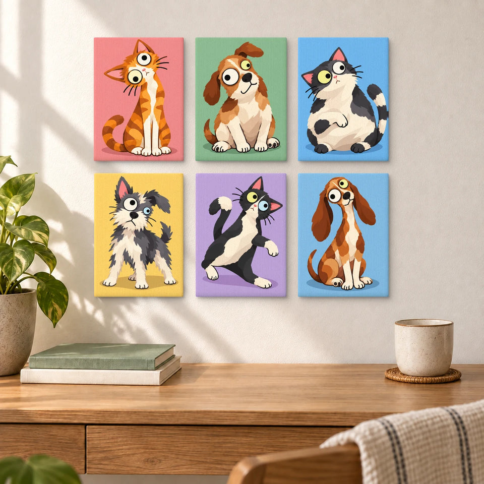 Oddball Cats and Dogs - six completed mini paintings displayed on a wall, styled display mockup
