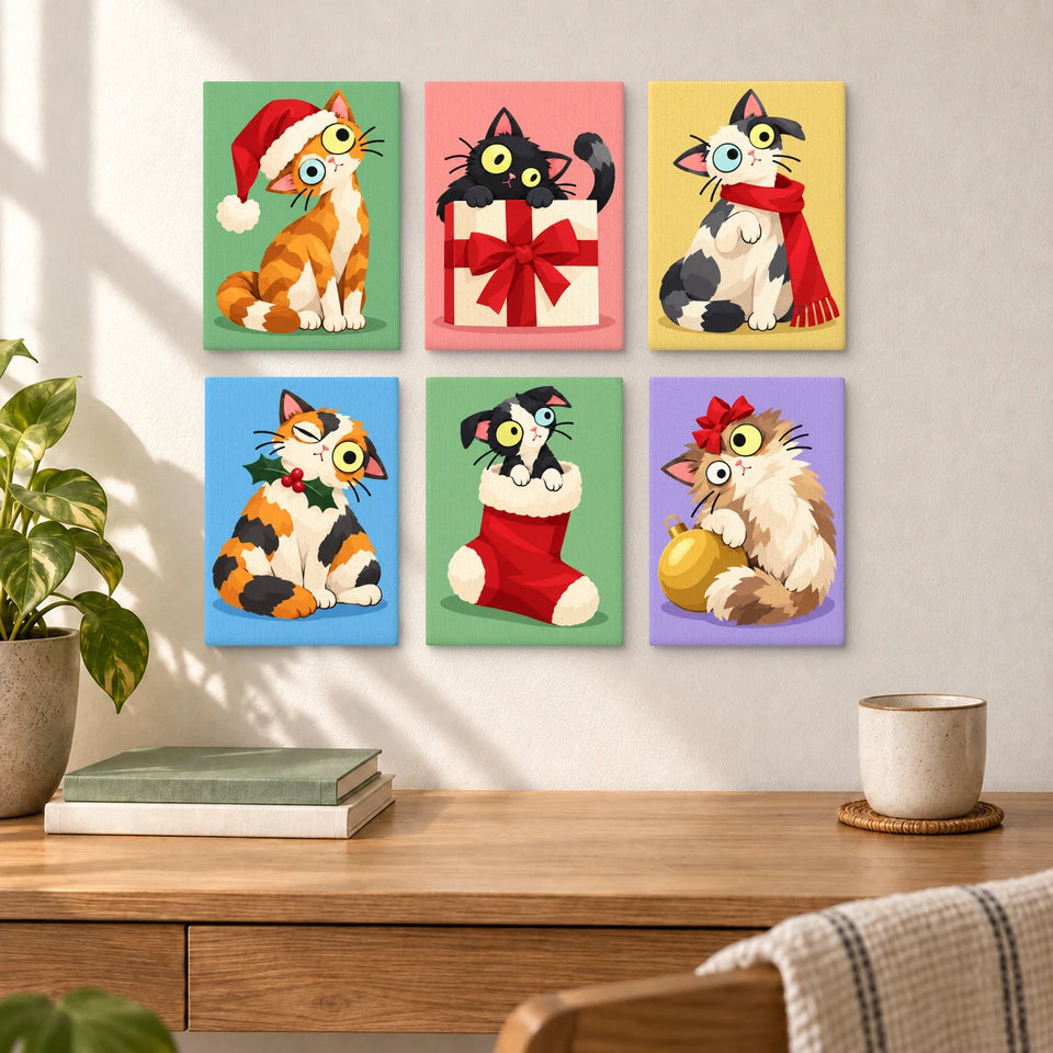Merry Little Cats - six completed mini paintings displayed on a wall, styled display mockup
