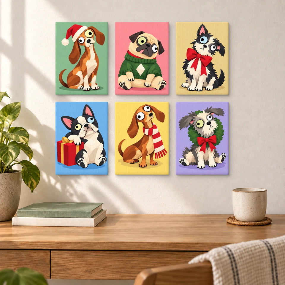Merry Little Dogs - six completed mini paintings displayed on a wall, styled display mockup