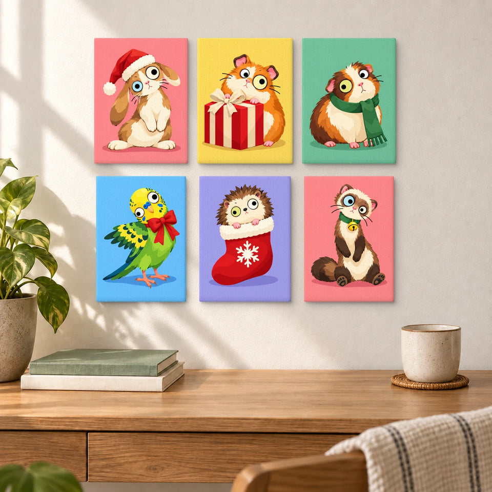 Festive Small Pets - six completed mini paintings displayed on a wall, styled display mockup