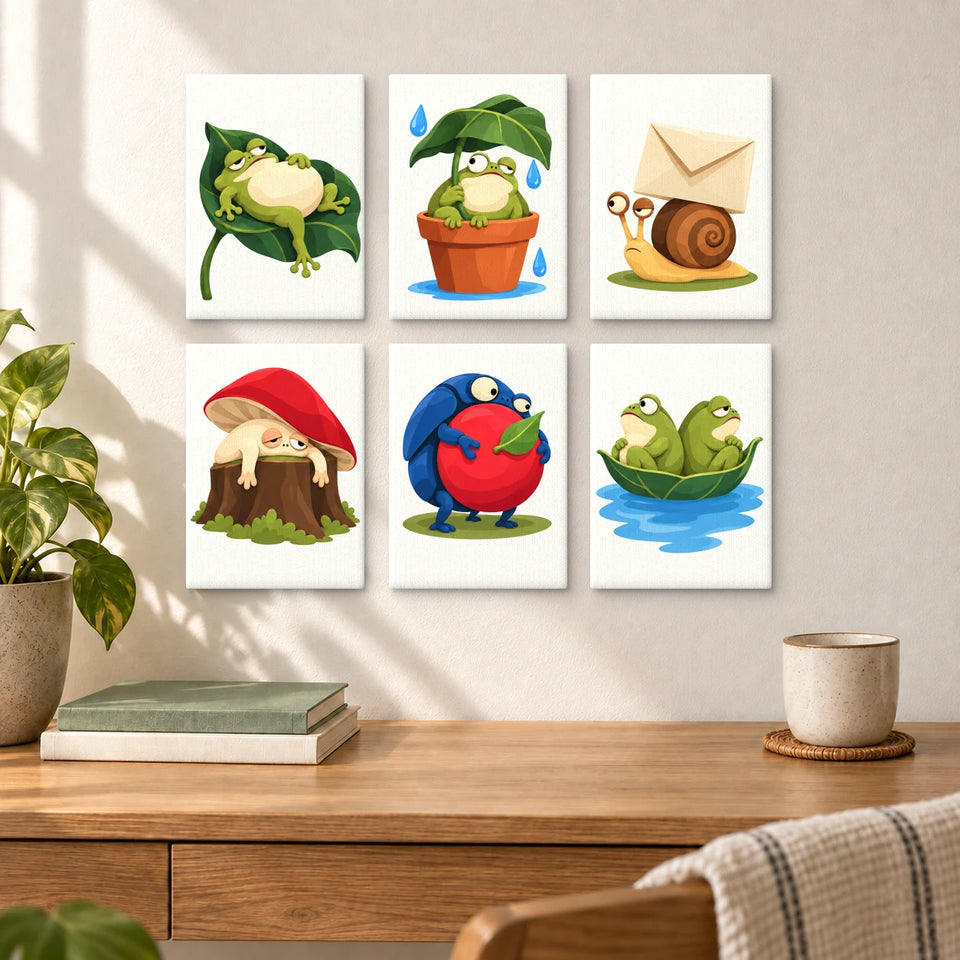 Slow Forest Club - six completed mini paintings displayed on a wall, styled display mockup