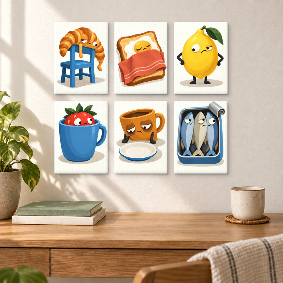 Moody Little Kitchen - six completed mini paintings displayed on a wall, styled display mockup
