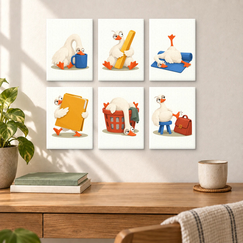 Off-Duty Goose - six completed mini paintings displayed on a wall, styled display mockup