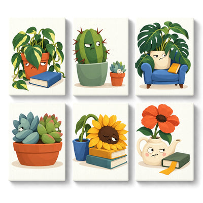 Bookish Plants - six completed mini paintings, display mockup