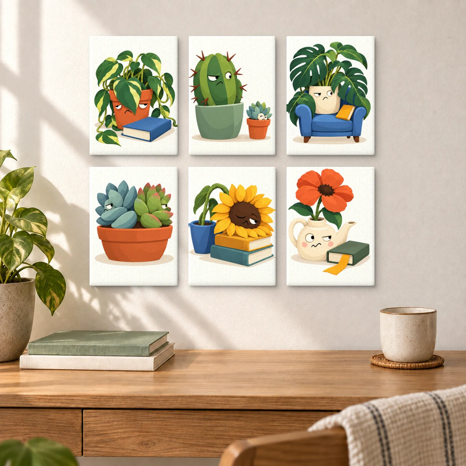 Bookish Plants - six completed mini paintings displayed on a wall, styled display mockup