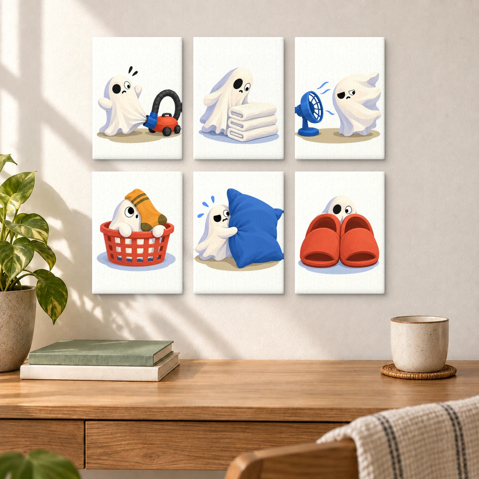 Homebody Ghosts - six completed mini paintings displayed on a wall, styled display mockup