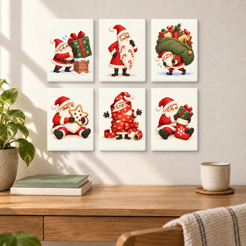 Clumsy Santa Club - six completed mini paintings displayed on a wall, styled display mockup