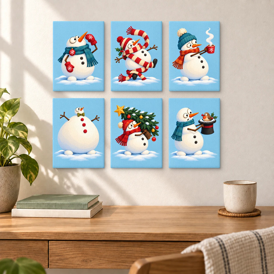 Snowman Mishap Club - six completed mini paintings displayed on a wall, styled display mockup