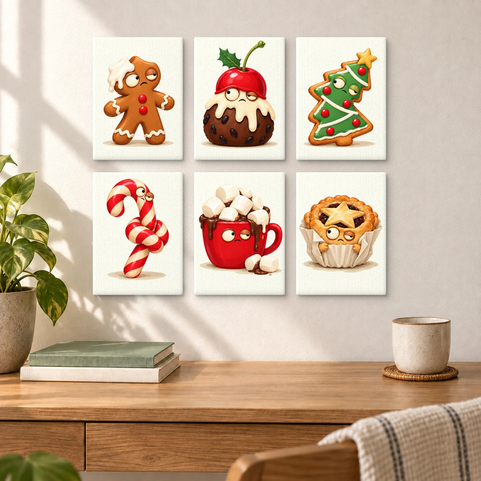 Christmas Dessert Drama - six completed mini paintings displayed on a wall, styled display mockup