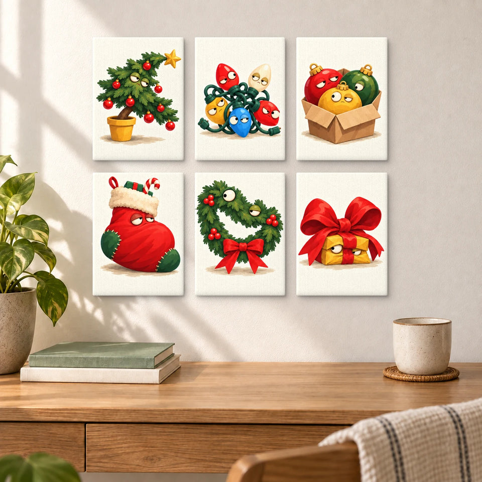 Grumpy Christmas Decorations - six completed mini paintings displayed on a wall, styled display mockup