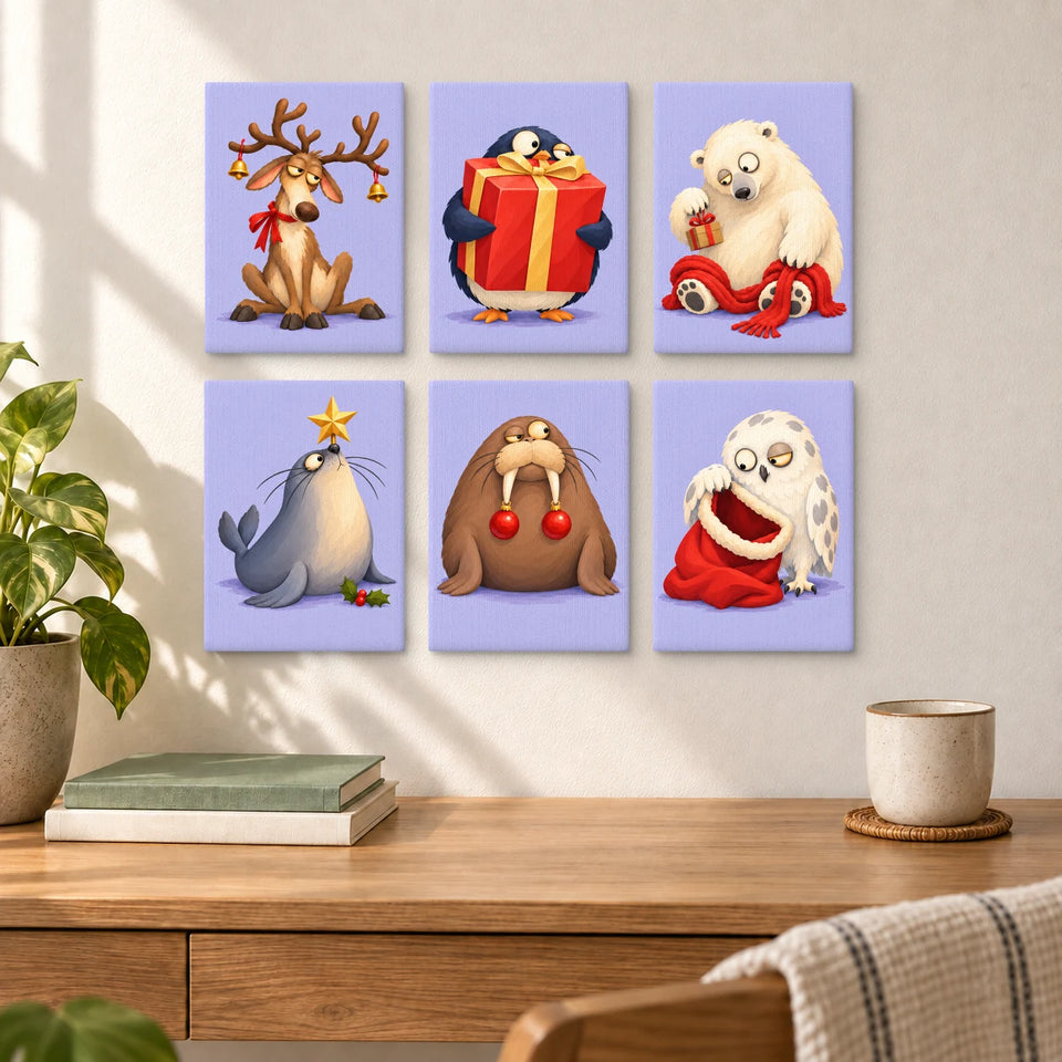 Polar Christmas Shift - six completed mini paintings displayed on a wall, styled display mockup