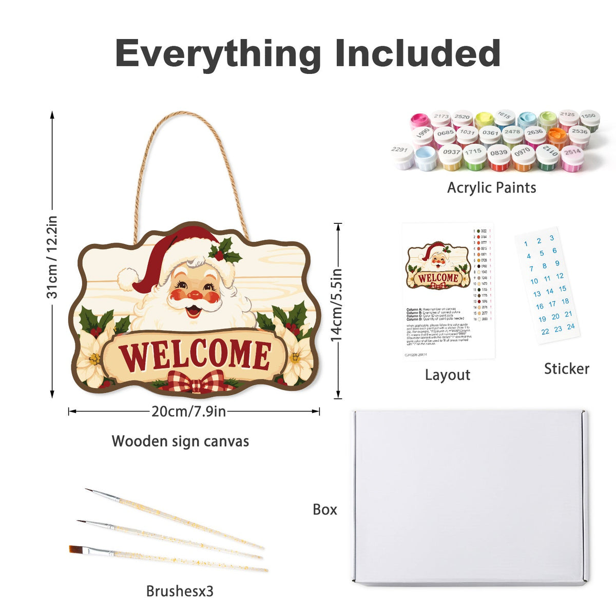 Wooden hanger kit with acrylic paints, three brushes, reference layout, stickers and box