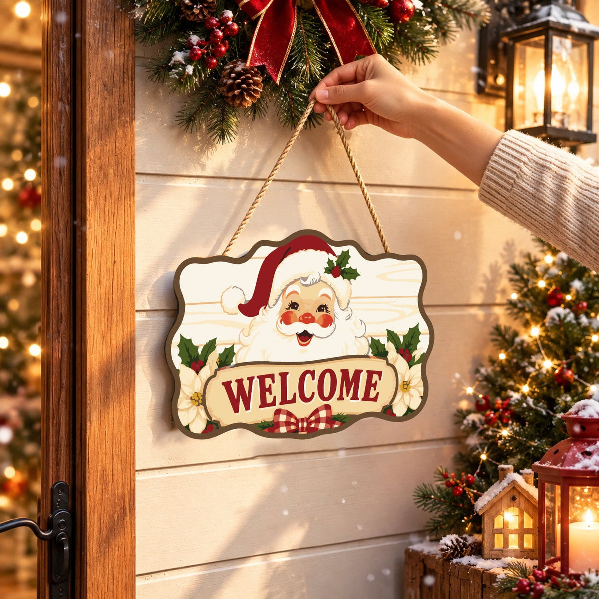 Completed wooden sign hanging by its cord indoors