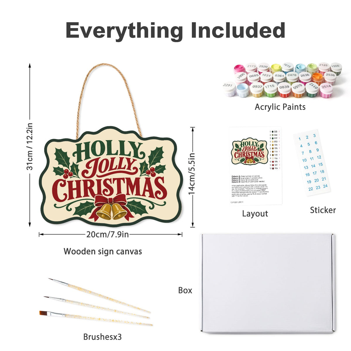 Wooden hanger kit with acrylic paints, three brushes, reference layout, stickers and box