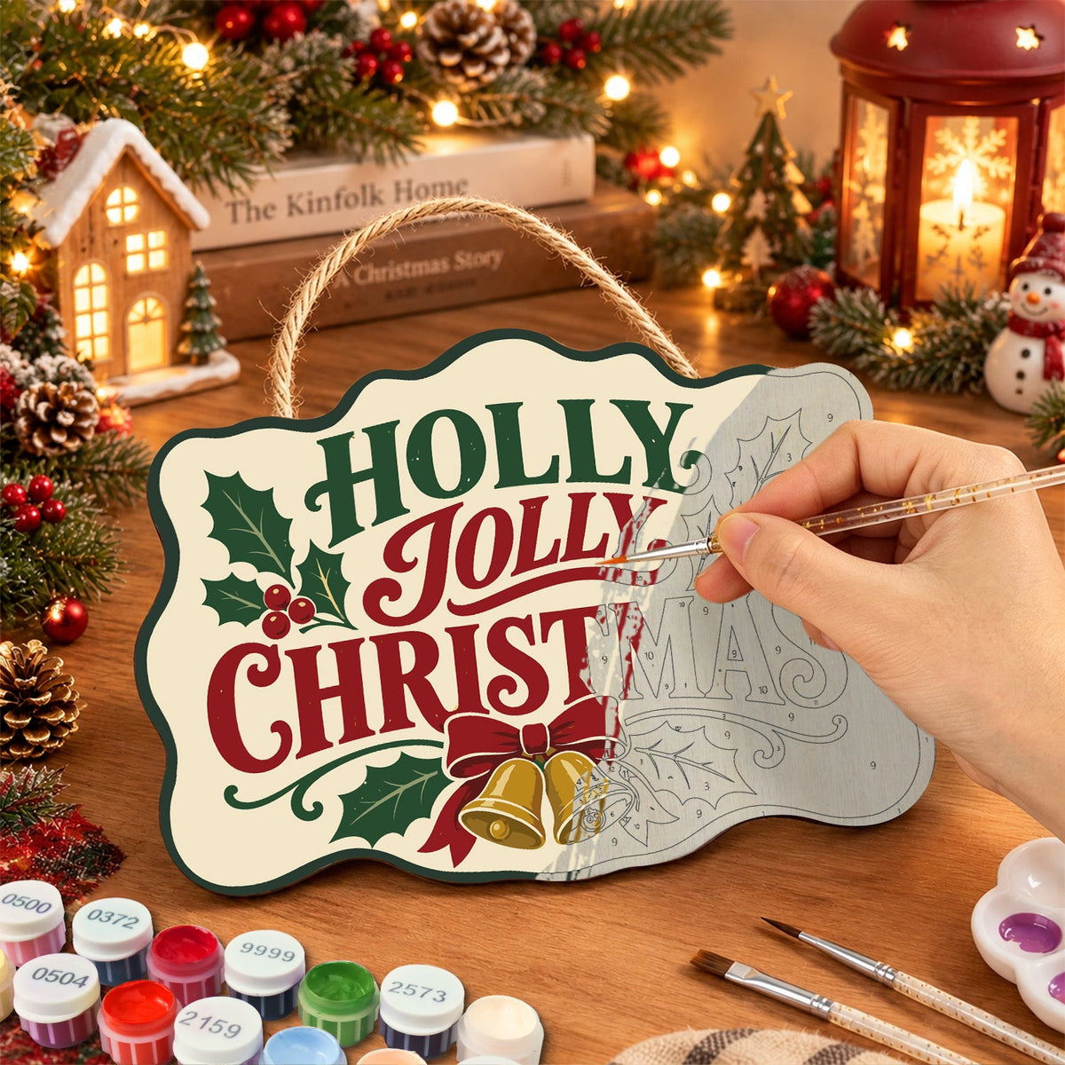 Painting the wooden sign at a festive table