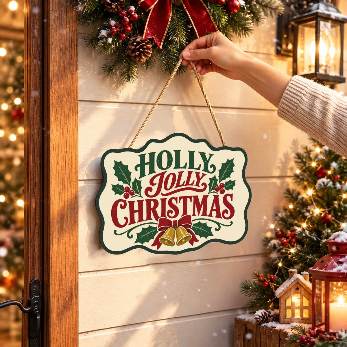 Completed wooden sign hanging by its cord indoors