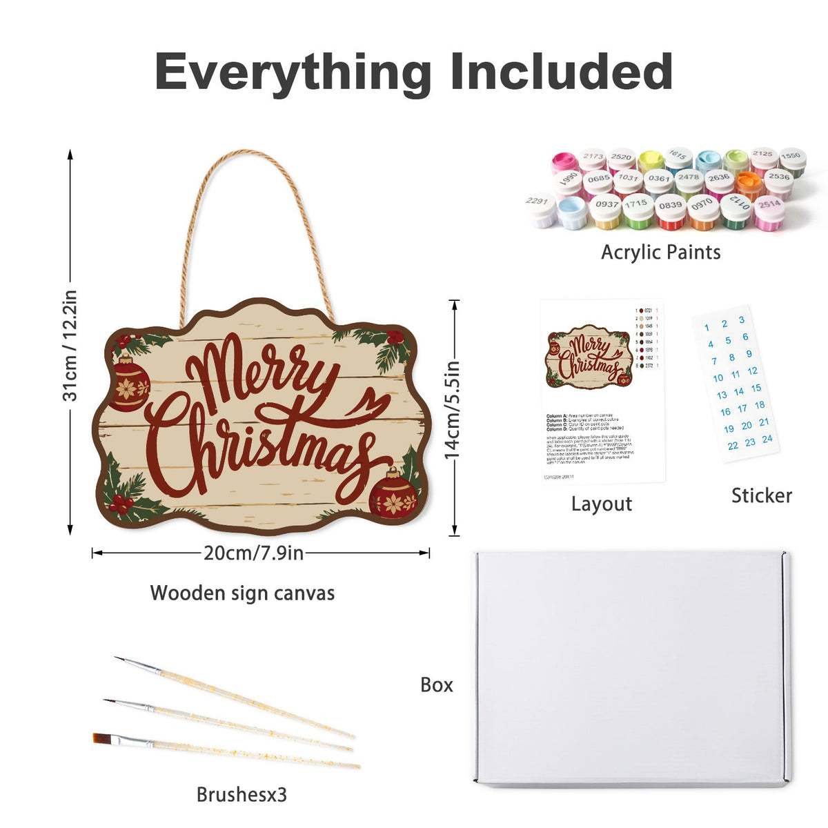 Wooden hanger kit with acrylic paints, three brushes, reference layout, stickers and box