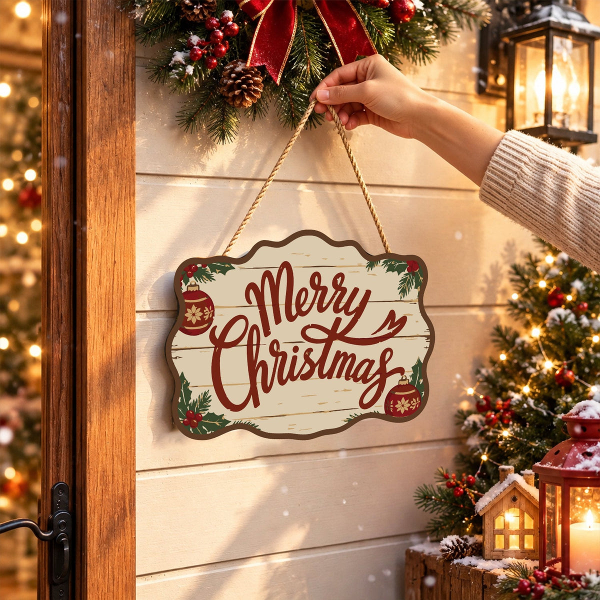 Completed wooden sign hanging by its cord indoors
