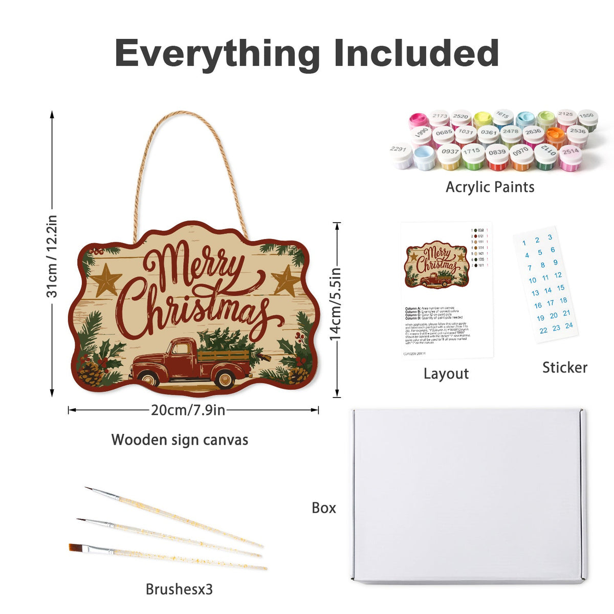 Wooden hanger kit with acrylic paints, three brushes, reference layout, stickers and box