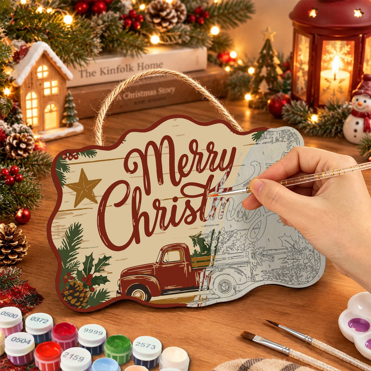 Painting the wooden sign at a festive table