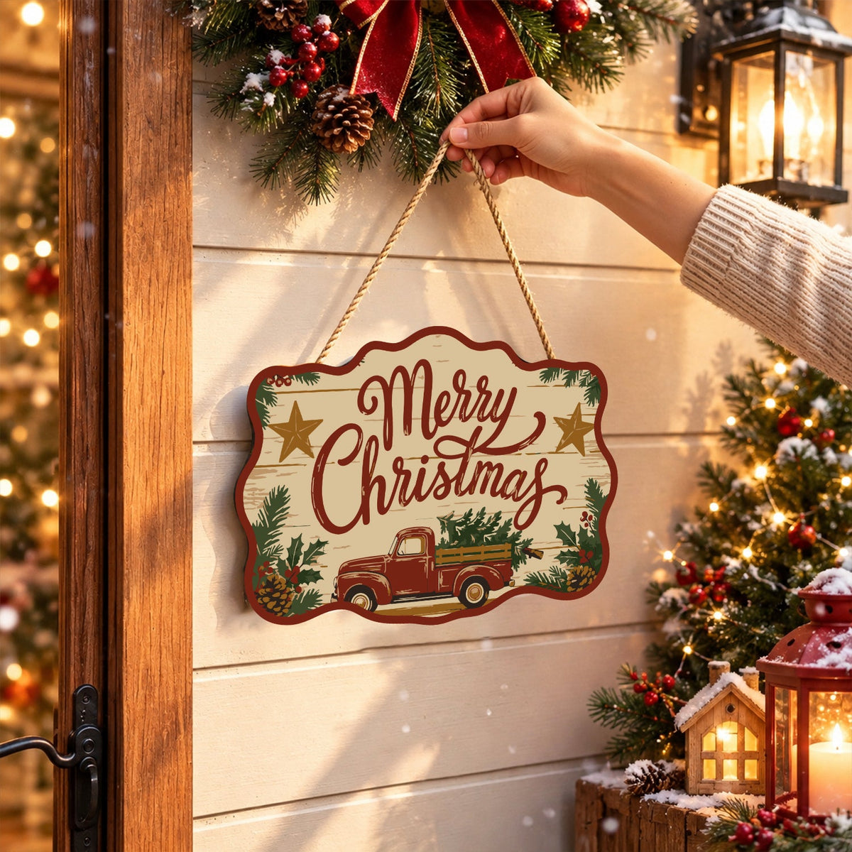 Completed wooden sign hanging by its cord indoors