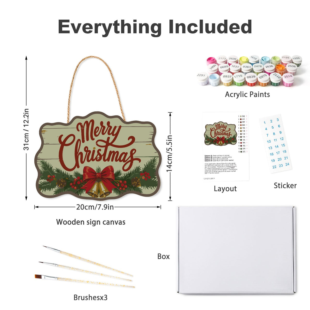 Wooden hanger kit with acrylic paints, three brushes, reference layout, stickers and box