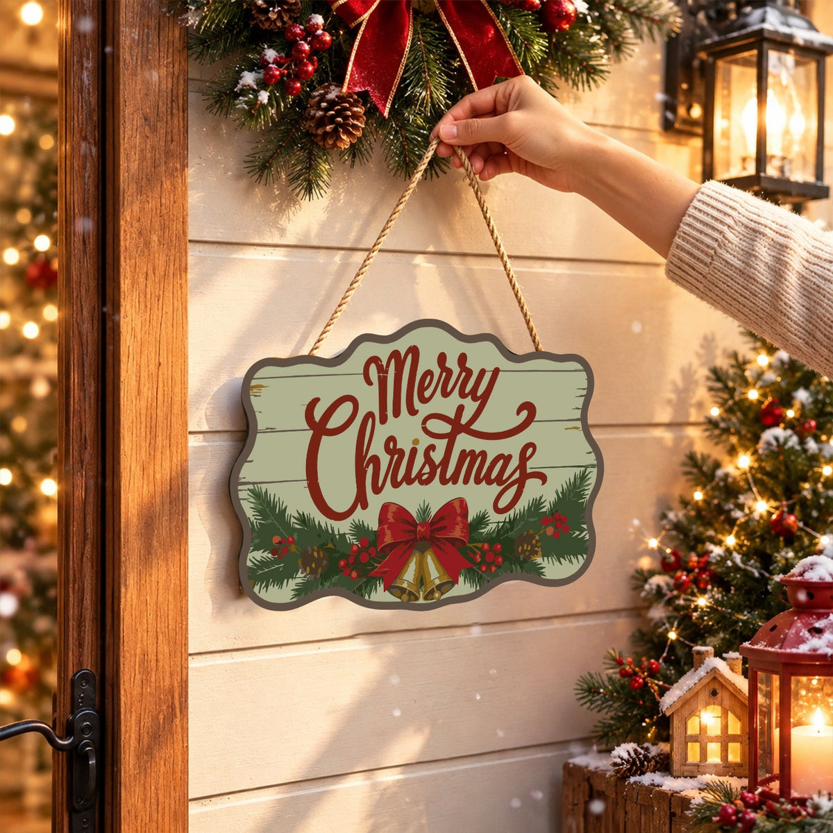 Completed wooden sign hanging by its cord indoors