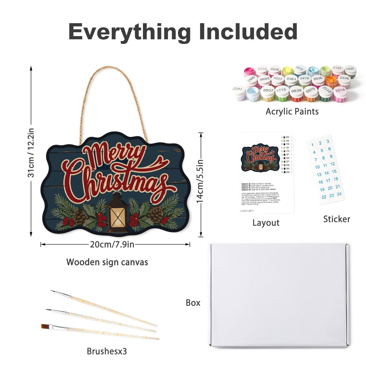 Wooden hanger kit with acrylic paints, three brushes, reference layout, stickers and box