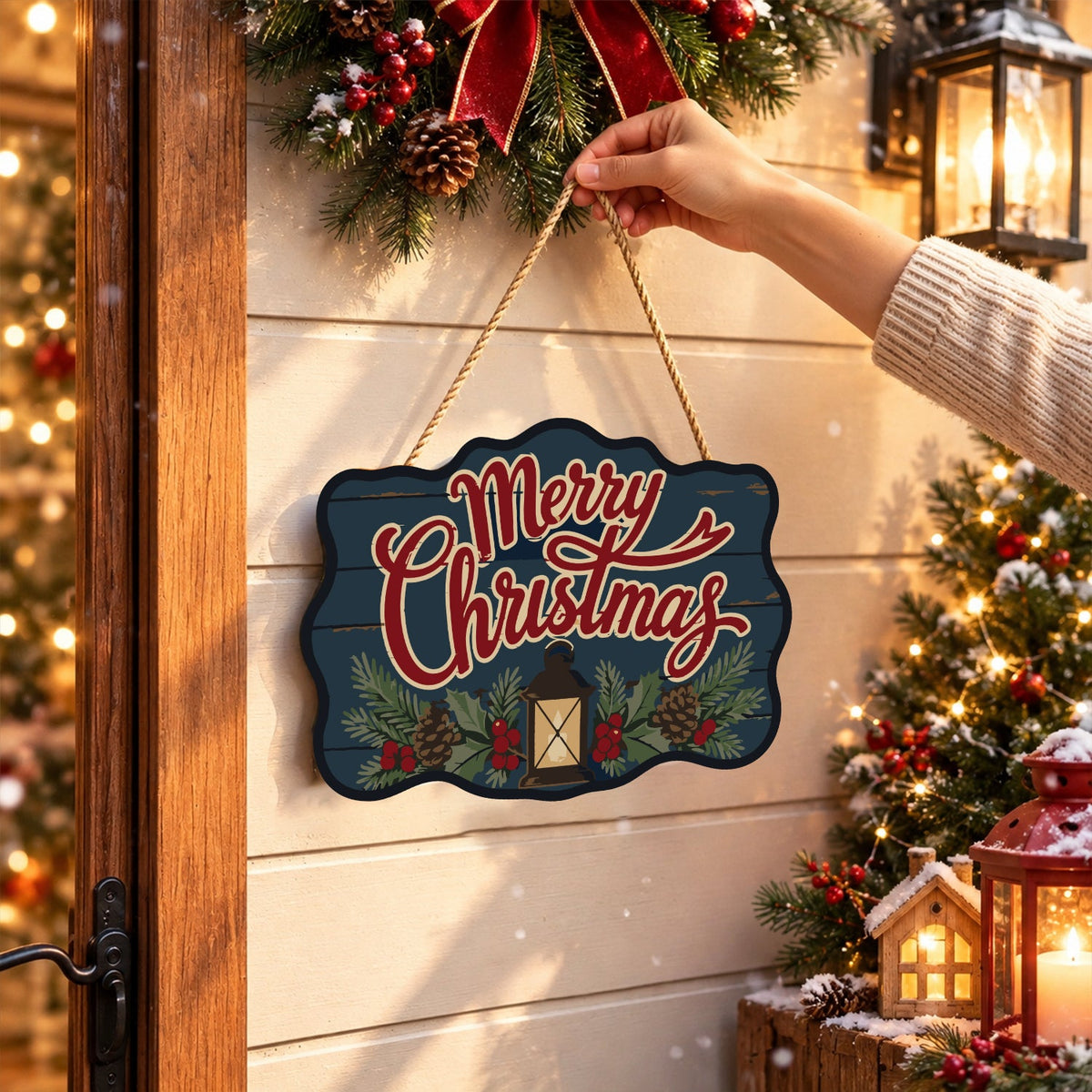 Completed wooden sign hanging by its cord indoors